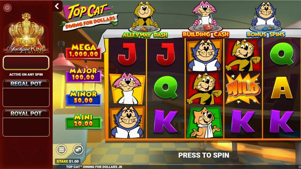 Top Cat Dining For Dollars স্লট গেমের ইন্টারফেস এবং কার্টুন চরিত্র